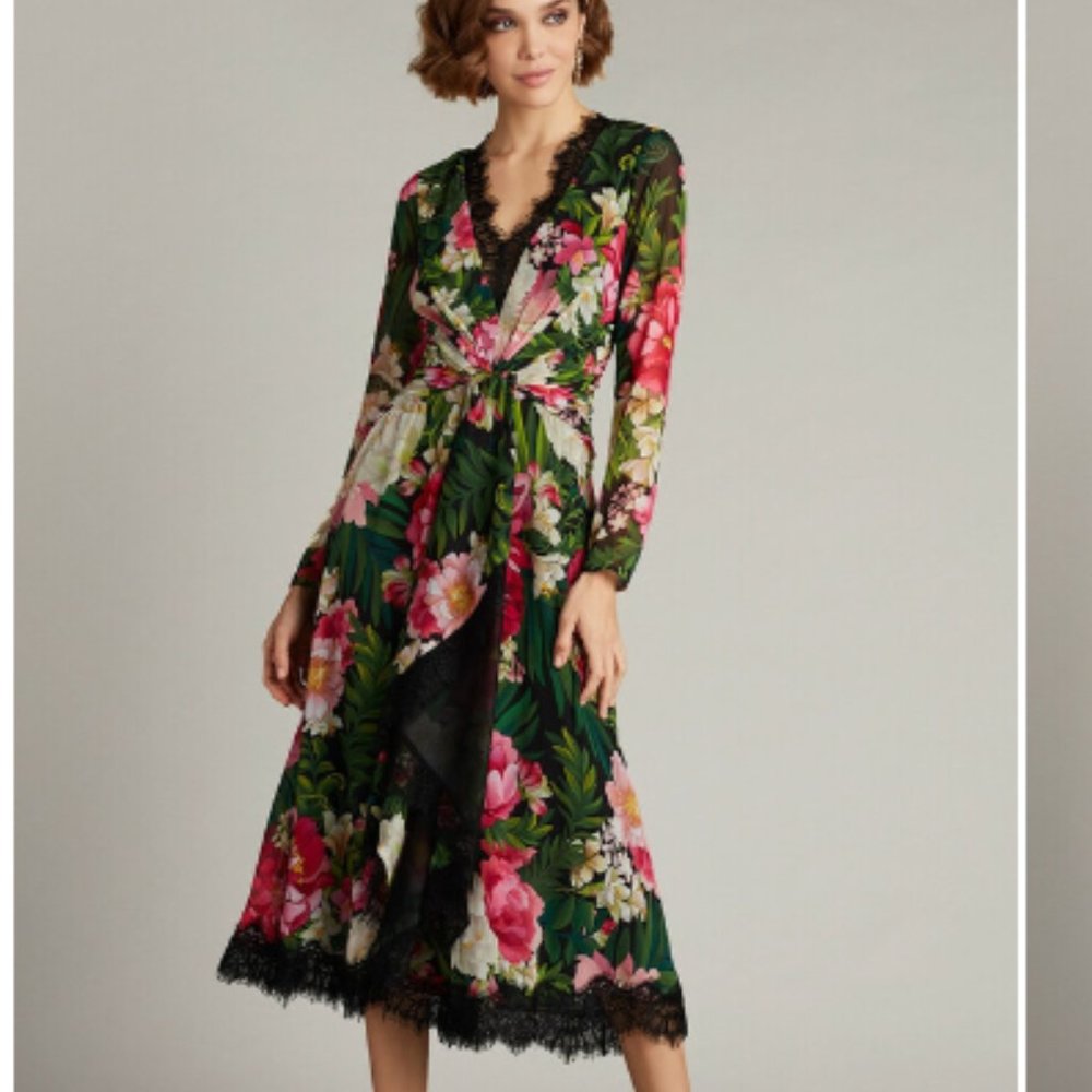 Tadashi Shoji Long Sleeve Floral Lace Trim Twist Front Dress,  NWT, size 16